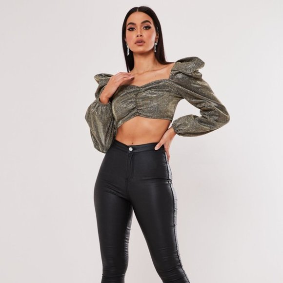 Missguided Tops - SALE$ NWT Missguided Gold Glitter Puff Sleeve Ruched Front Crop Top- US 12